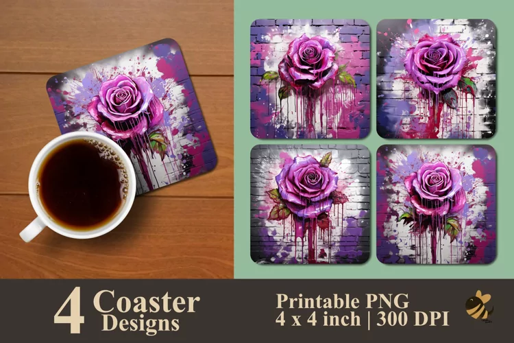Rose With Ink Splash Coaster Sublimation Designs