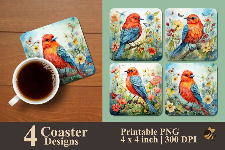 Orange Bird And Floral Coaster Sublimation Designs