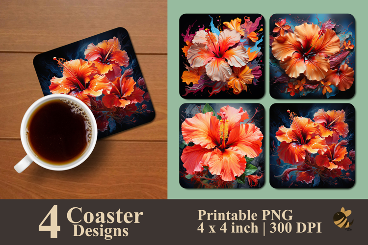 Red Orange Hibiscus Coaster Sublimation Design