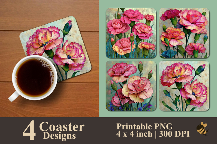 Dianthus Carnation Illustration Coaster Sublimation Design