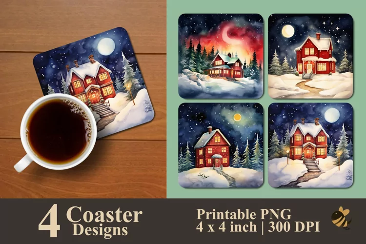 Winter House At Night Coaster Sublimation Designs