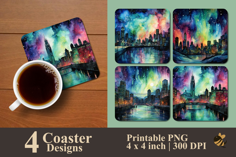 Aurora In The City Coaster Sublimation Design