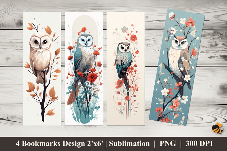 Owl Flowers Bookmarks Sublimation Design example image 1