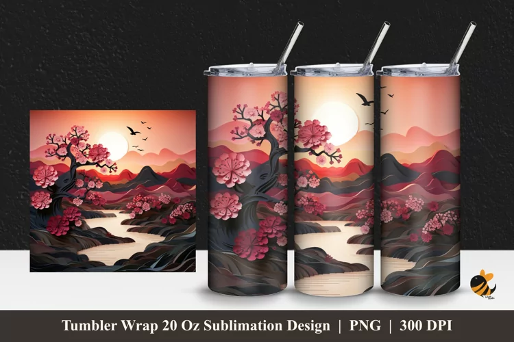 3d Sunset River Tumbler Wrap Sublimation Design 1
