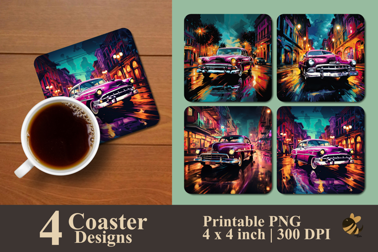 Retro City Lights Coaster Sublimation Design