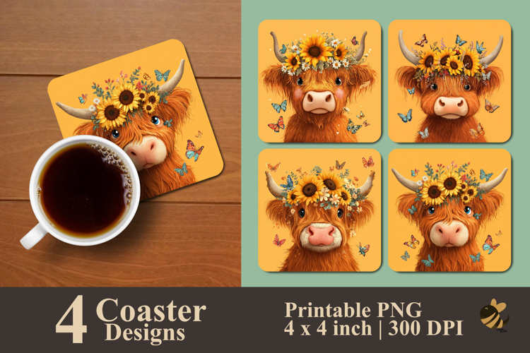 Cute Cartoon Highland Cow Coaster Sublimation Design