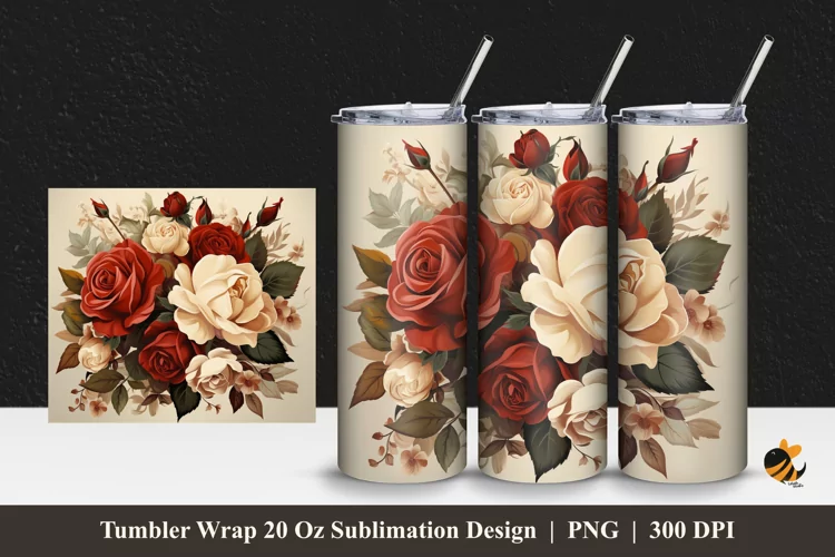 Vintage Rose Tumbler Wrap Sublimation Design 1