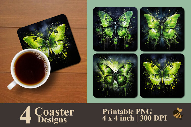 Green Butterfly Coaster Sublimation Design example image 1