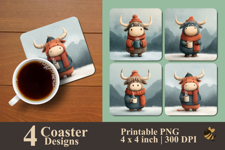Cute Highland Cow Coaster Sublimation Design