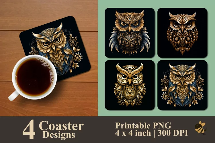 Golden Owl Coaster Sublimation Designs