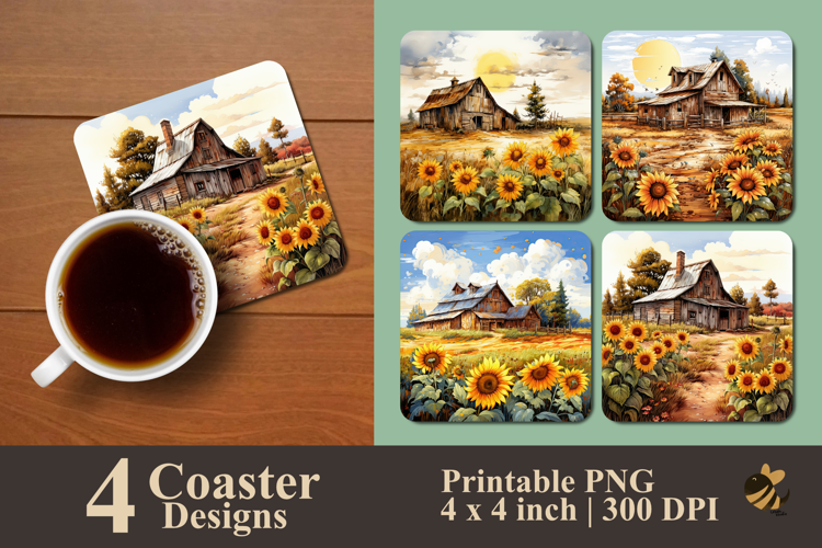 Rustic Barn With Sunflowers Coaster Sublimation Design