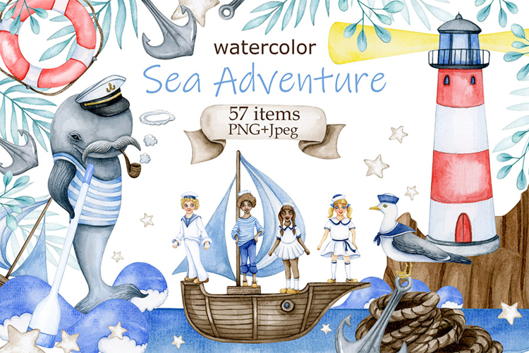 Sea Adventure Watercolor Clipart Boys, Girls, Captain Whale