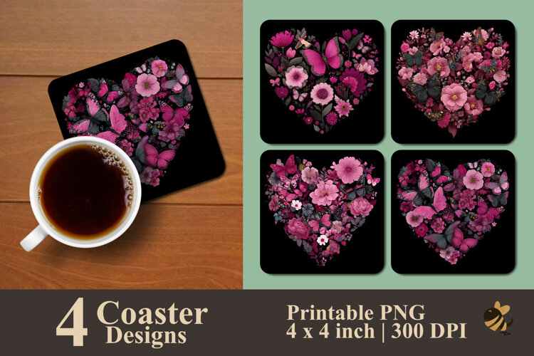 Flowers In Heart Shape Coaster Sublimation Design example image 1
