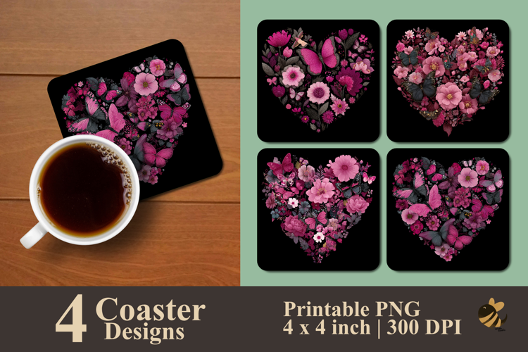 Flowers In Heart Shape Coaster Sublimation Design
