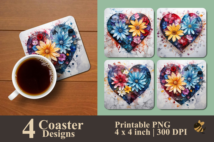 Marble Heart Flower Coaster Sublimation Design