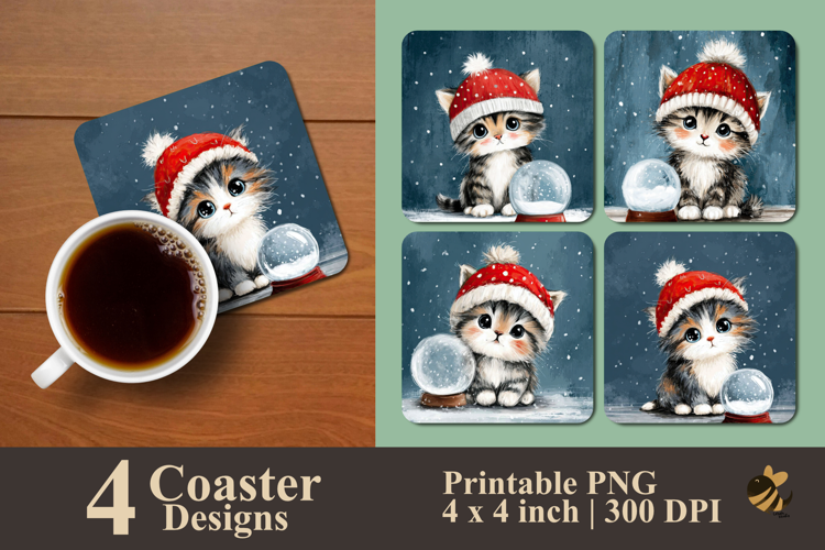 Winter Cat Coaster Sublimation Design