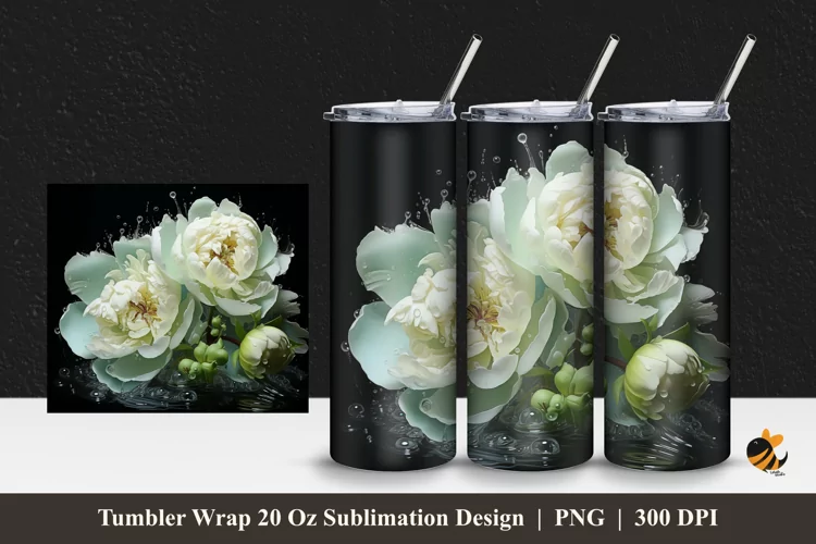 Green Peony Tumbler Wrap Sublimation Design 1