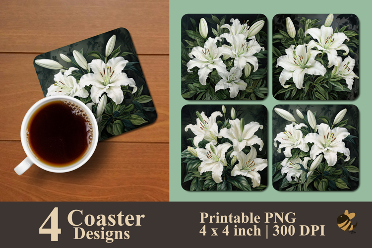 Elegant White Lilies Coaster Sublimation Design