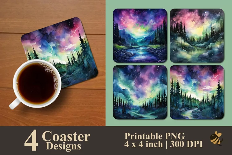 Northern light Forest Coaster Sublimation Designs