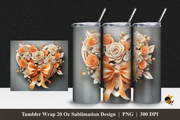 Ribbon Peach Rose Tumbler Wrap Sublimation Design 1