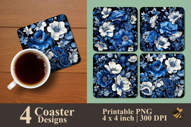 Cobalt Floral Sparks Coaster Sublimation Design