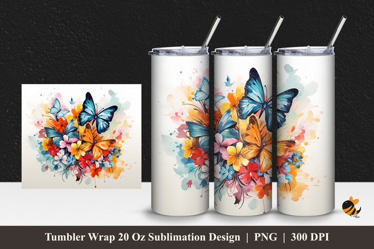 Butterflies Flowers Tumbler Wrap Sublimation Design 1