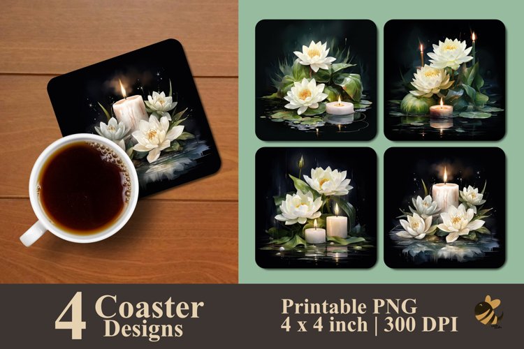 White Lotus And Candle Coaster Sublimation Designs example image 1