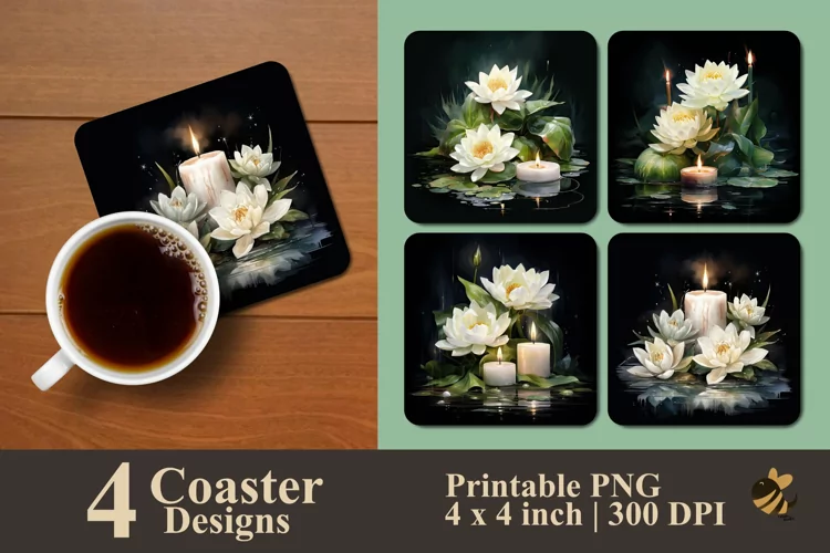 White Lotus And Candle Coaster Sublimation Designs