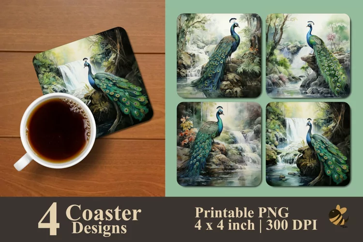 Waterfall And Peacock Coaster Sublimation Designs