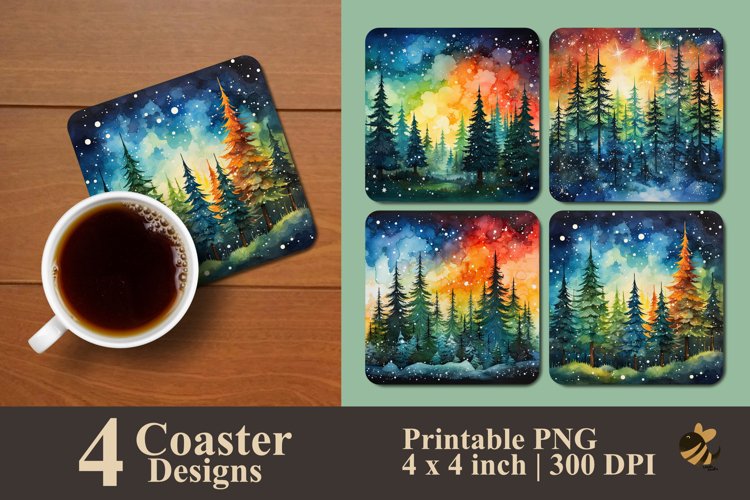Watercollor Pine Forest Coaster Sublimation Designs example image 1