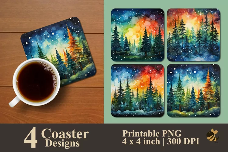 Watercollor Pine Forest Coaster Sublimation Designs