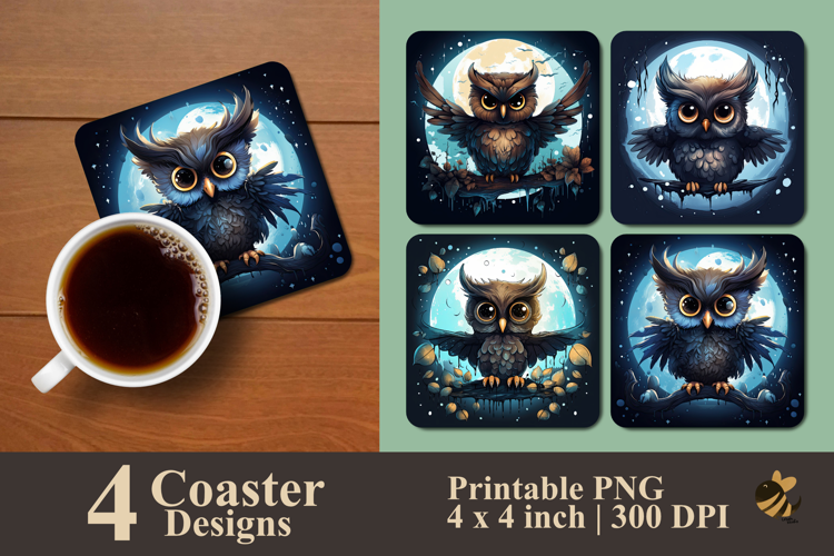 Bat Winged Owl In Moonlit Sky Coaster Sublimation Design