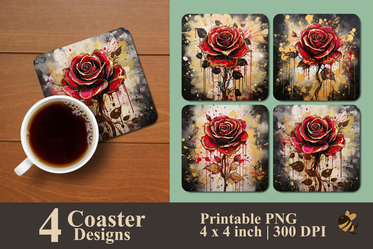 Golden Ruby Rose Coaster Sublimation Design