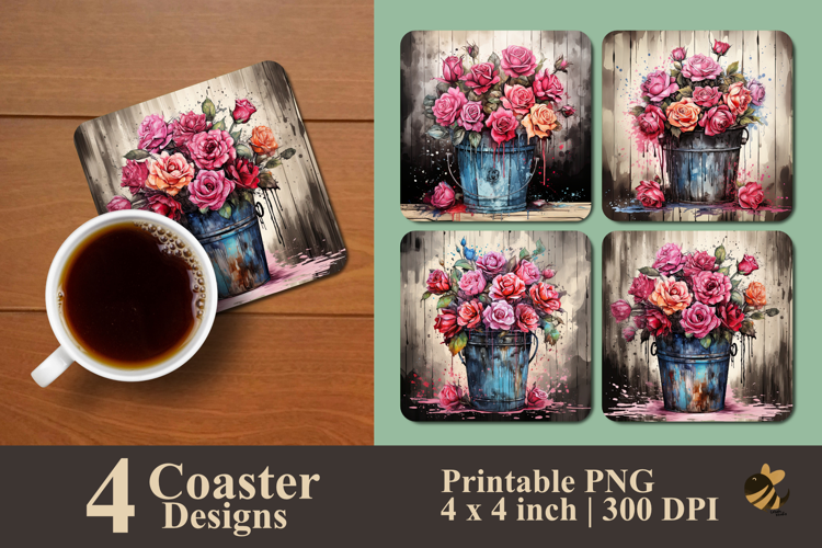 Bucket And Roses Coaster Sublimation Design