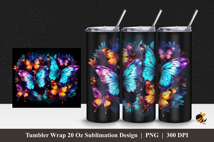 Neon Butterflies Tumbler Wrap Sublimation Design 1 example image 1