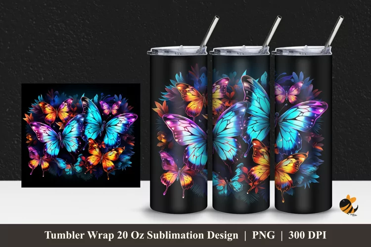 Neon Butterflies Tumbler Wrap Sublimation Design 1
