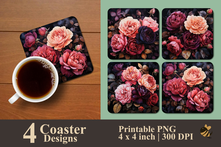 Dark Toned Roses Drip Coaster Sublimation Design