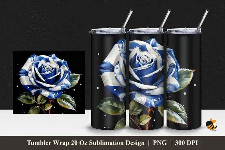 Blue Striped Rose Tumbler Wrap Sublimation Design 1