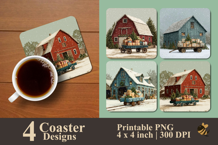 Snowy Barn Coaster Sublimation Design