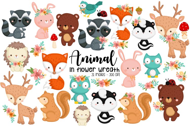 Animal in Flower Wreath Clipart - Cute Animal Clip Art example image 1