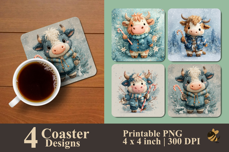 Winter Candy Cane Cow Coaster Sublimation Design