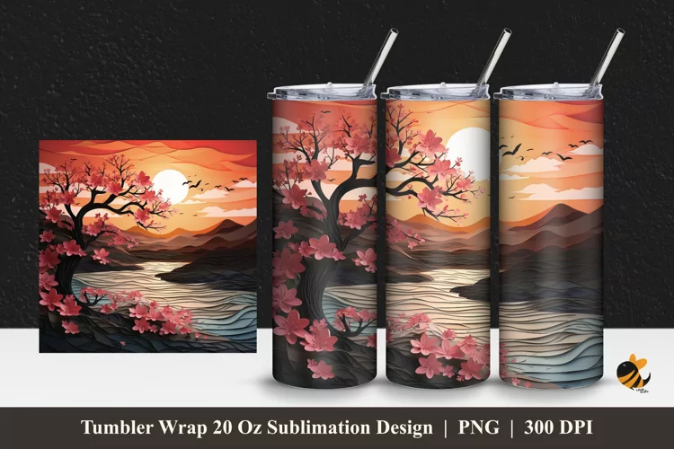 3d Sunset Flower Tumbler Wrap Sublimation Design 1