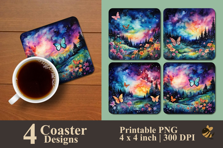 Butterfly And Colorful Nature Coaster Sublimation Design