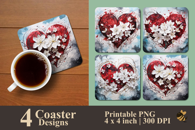 Blossoming Red Heart Coaster Sublimation Design