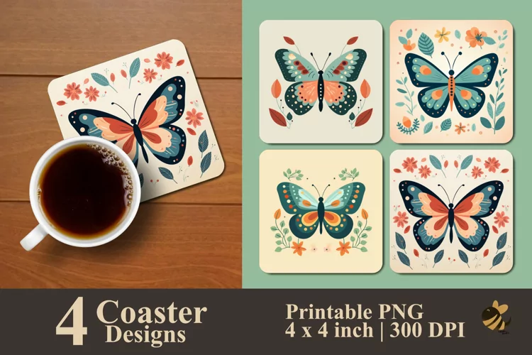 Art Butterflies Coaster Sublimation Designs