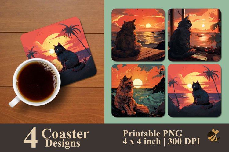 Dreamy Cat Coaster Sublimation Designs example image 1