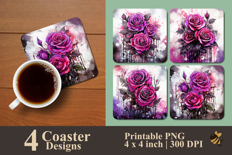 Painting Magenta Roses Coaster Sublimation Design