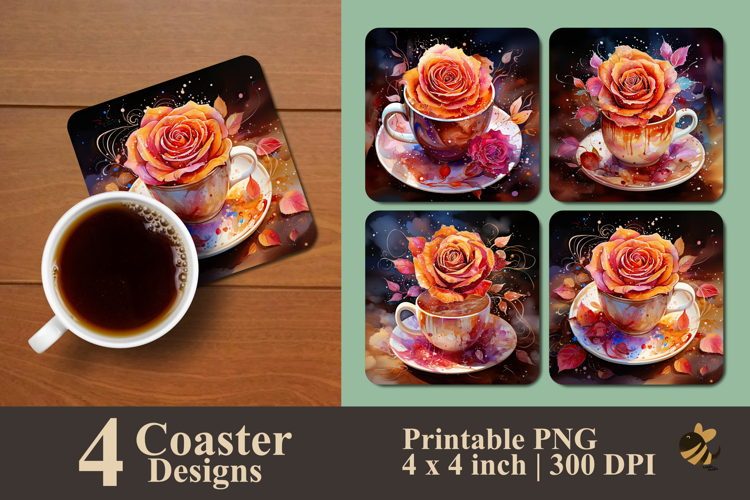 Rose And Cup Coffee Coaster Sublimation Design