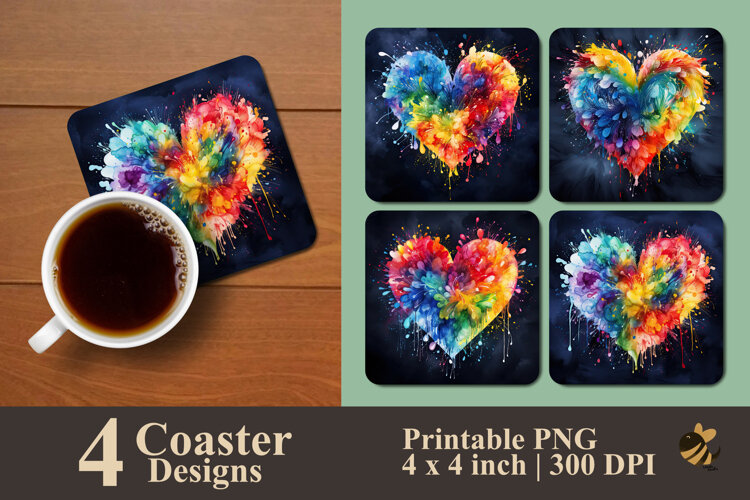 Color Burst Heart Coaster Sublimation Design example image 1