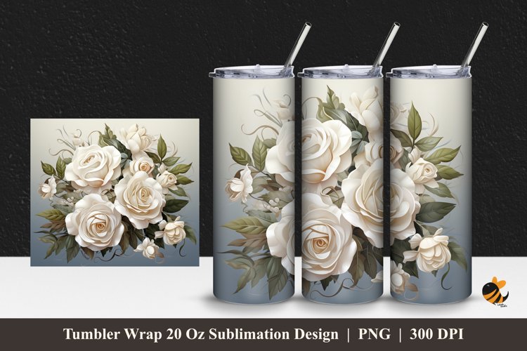 Aesthetic White Roses Tumbler Wrap Sublimation Design 1